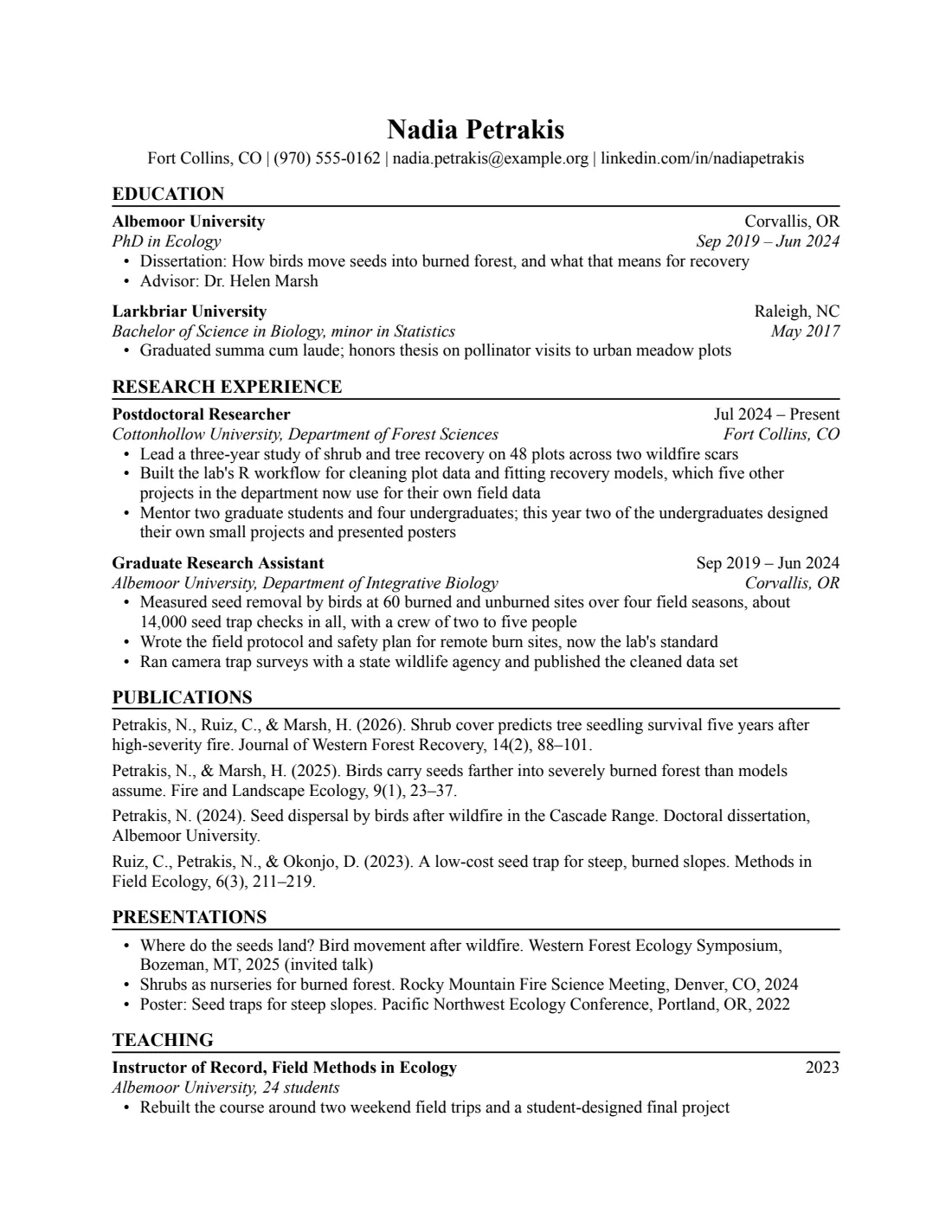 Academic CV resume template, US Letter, filled with sample content