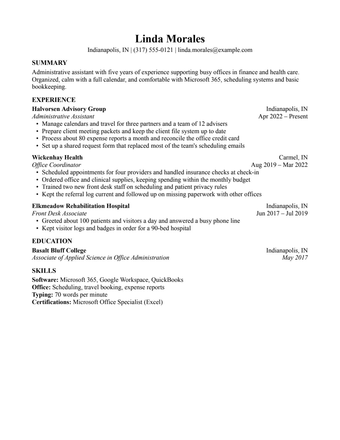 Basic resume template, US Letter, filled with sample content