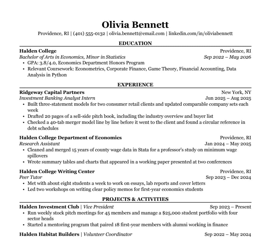 Classic resume template, top of the page