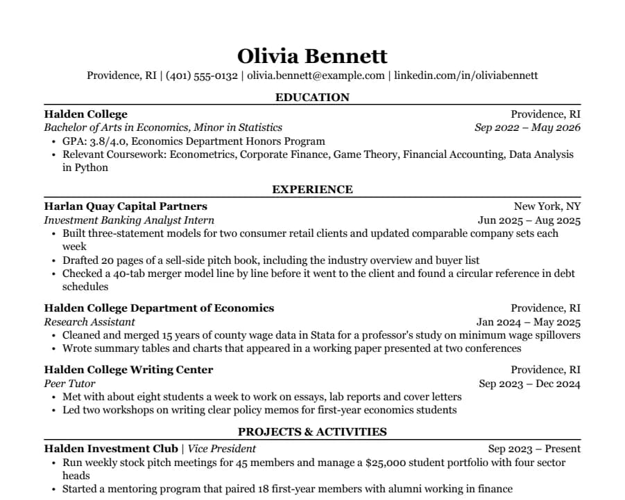 Classic resume template, top of the page