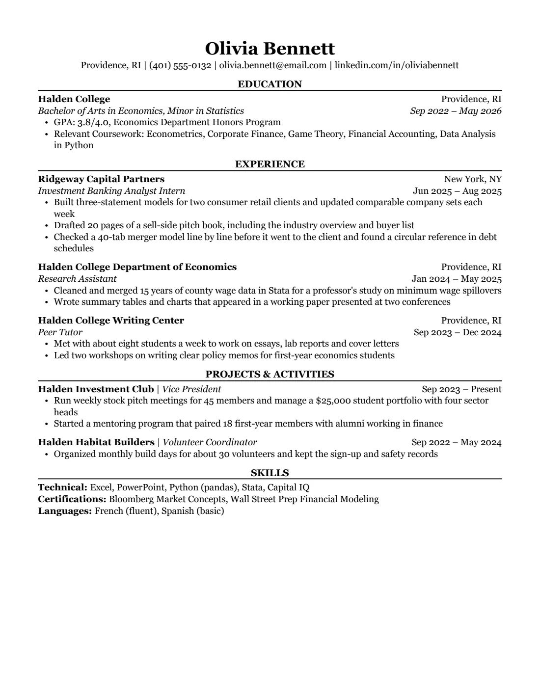 Classic resume template, US Letter, filled with sample content