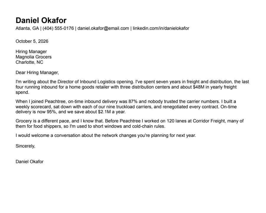 Compact cover letter template, top of the page