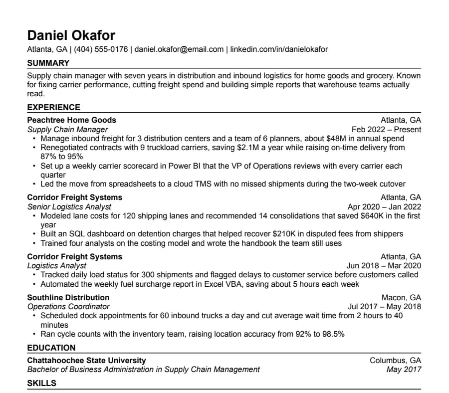 Compact resume template, top of the page