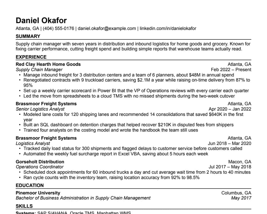 Compact resume template, top of the page