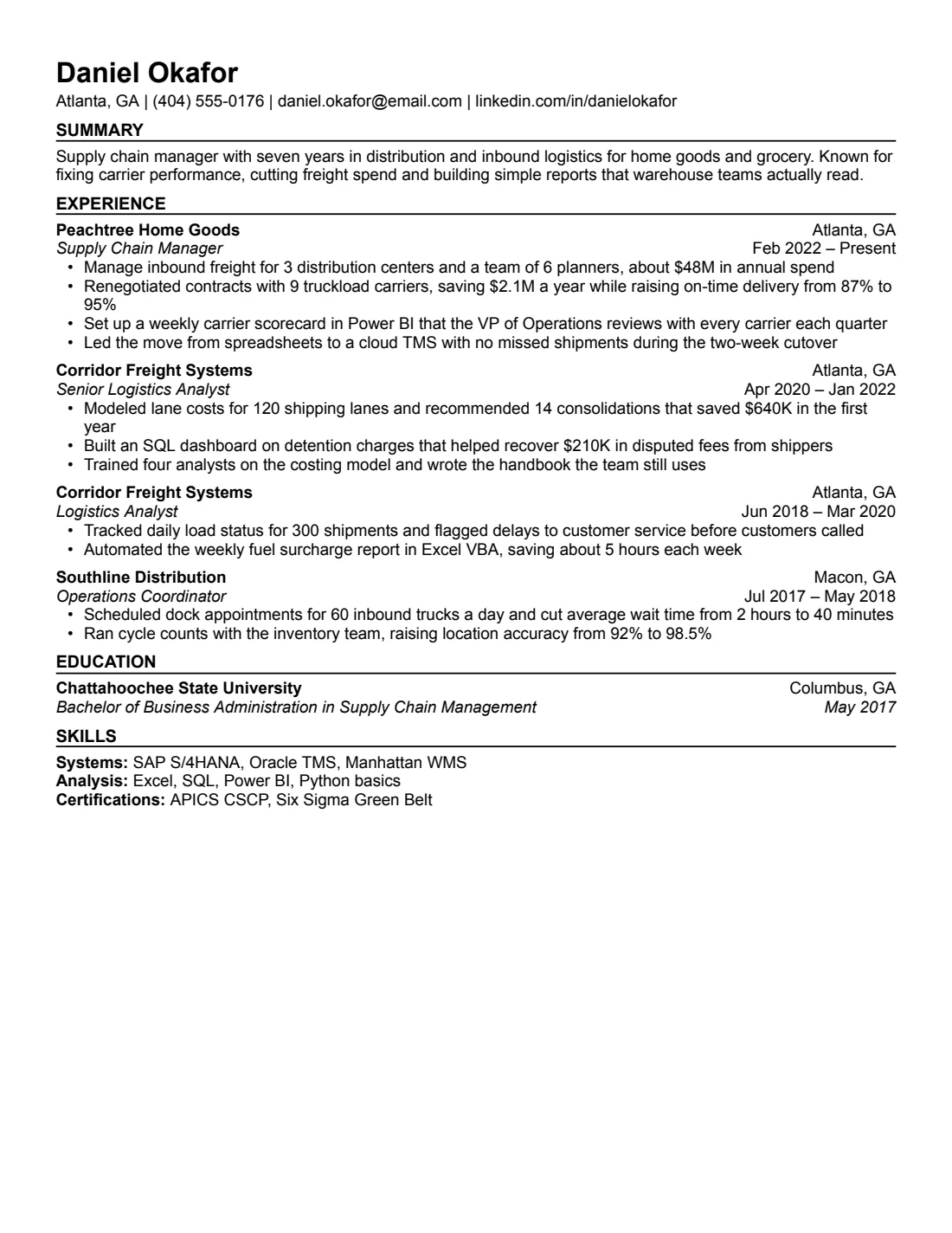 Compact resume template, US Letter, filled with sample content