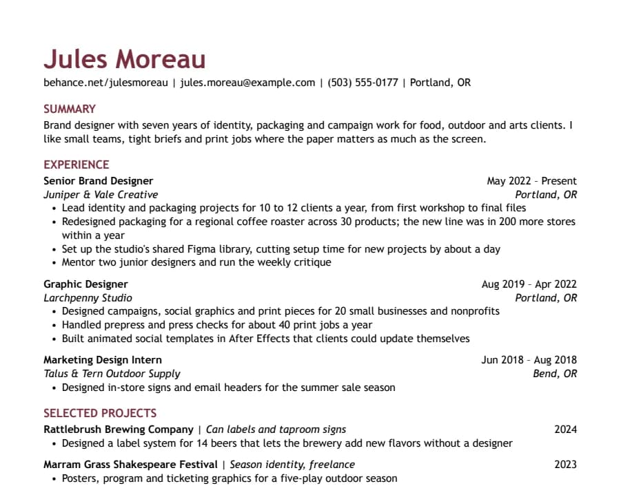 Creative resume template, top of the page