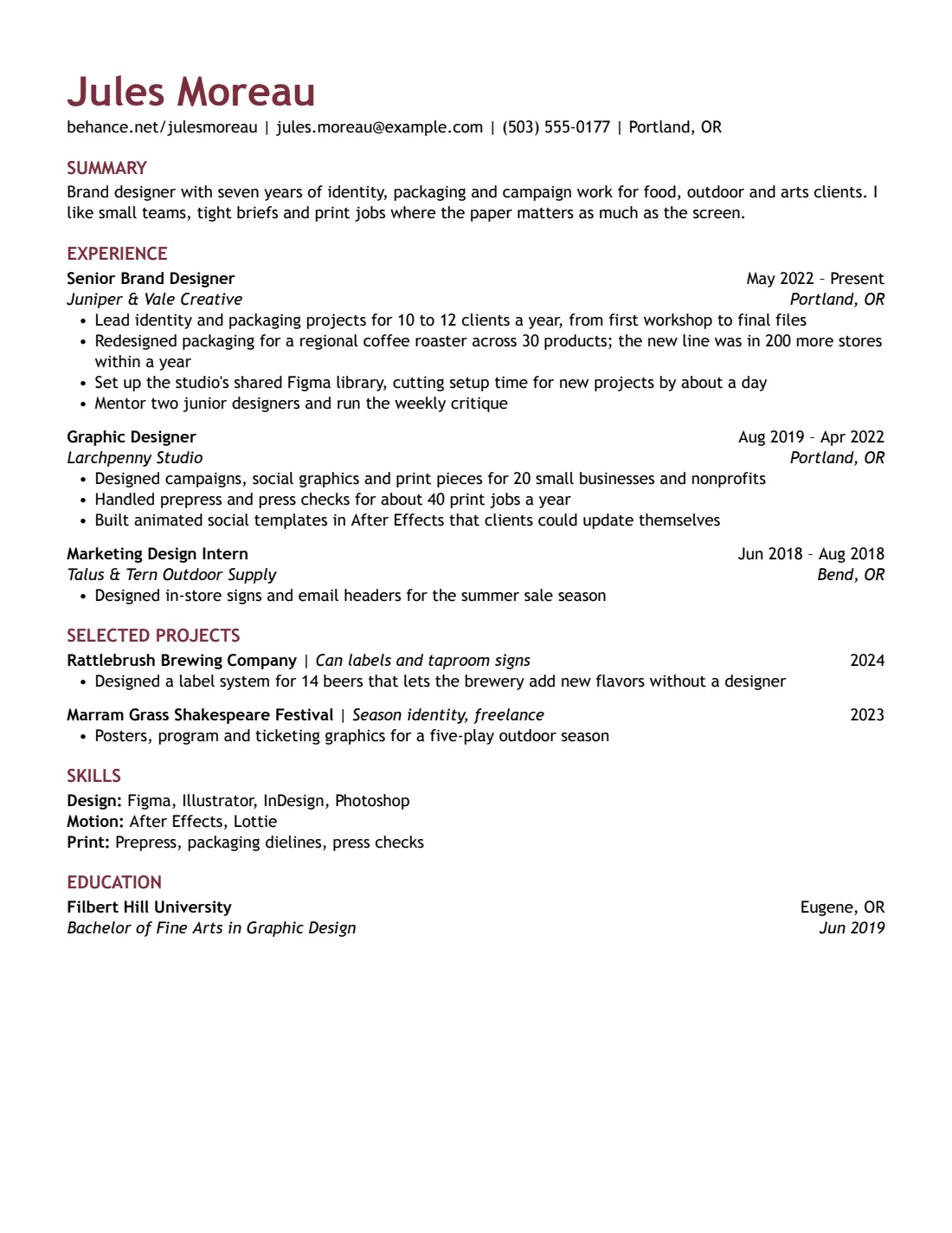 Creative resume template, US Letter, filled with sample content