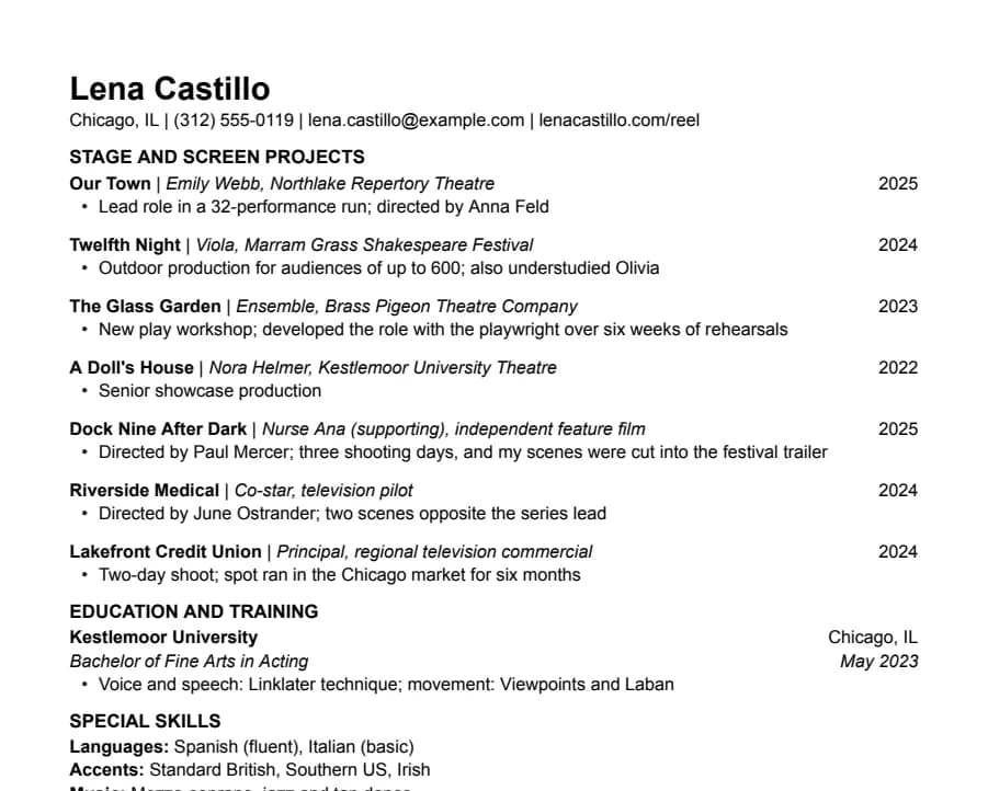 Acting resume example, top of the page
