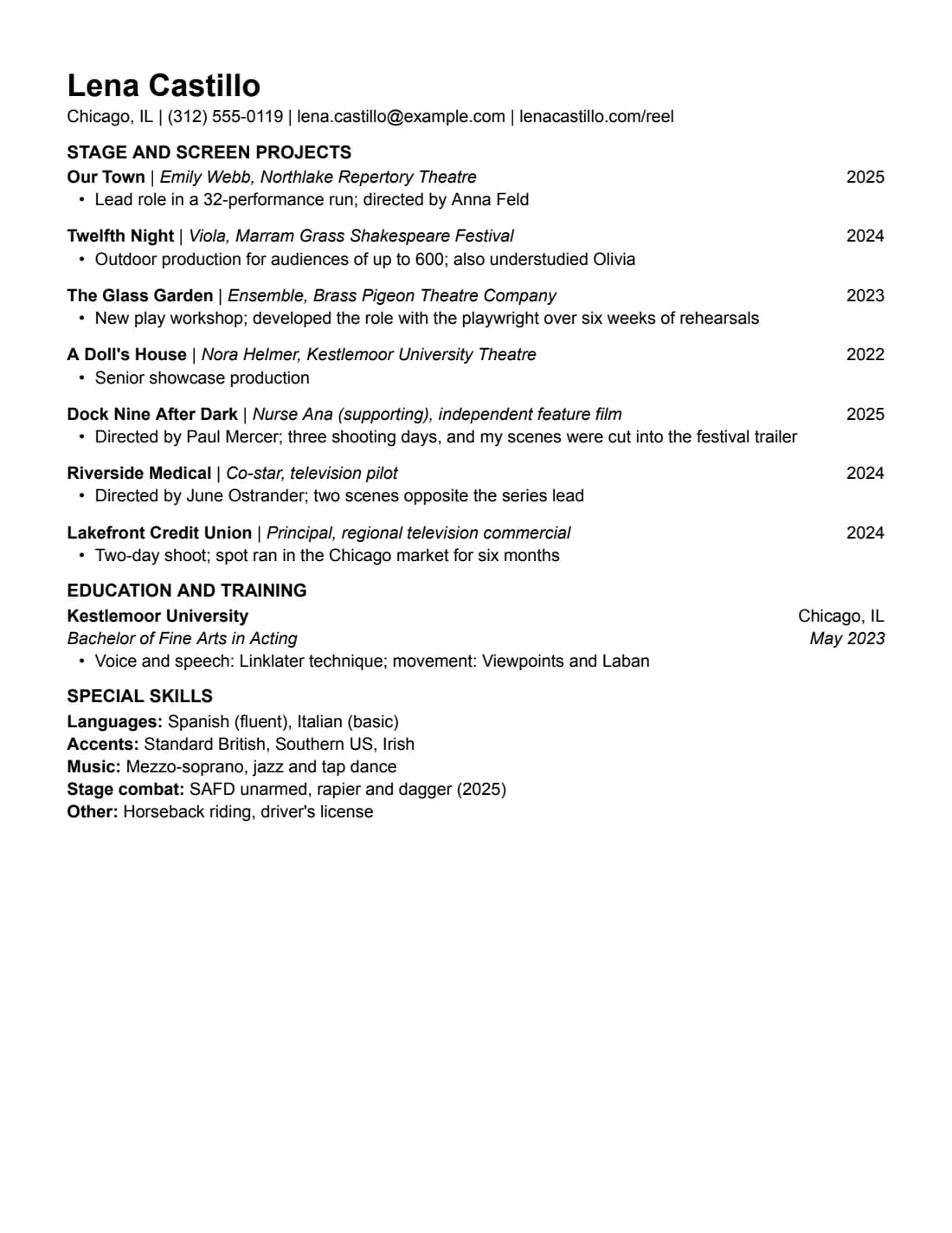 Acting resume example in the Plain layout, US Letter
