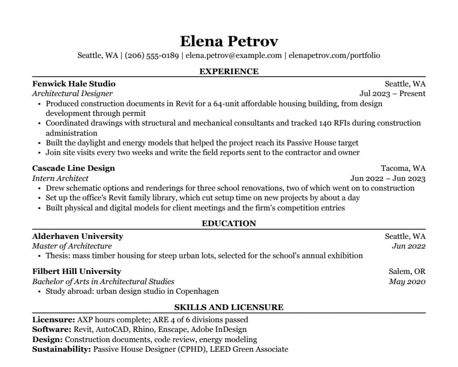 Architecture resume example, top of the page