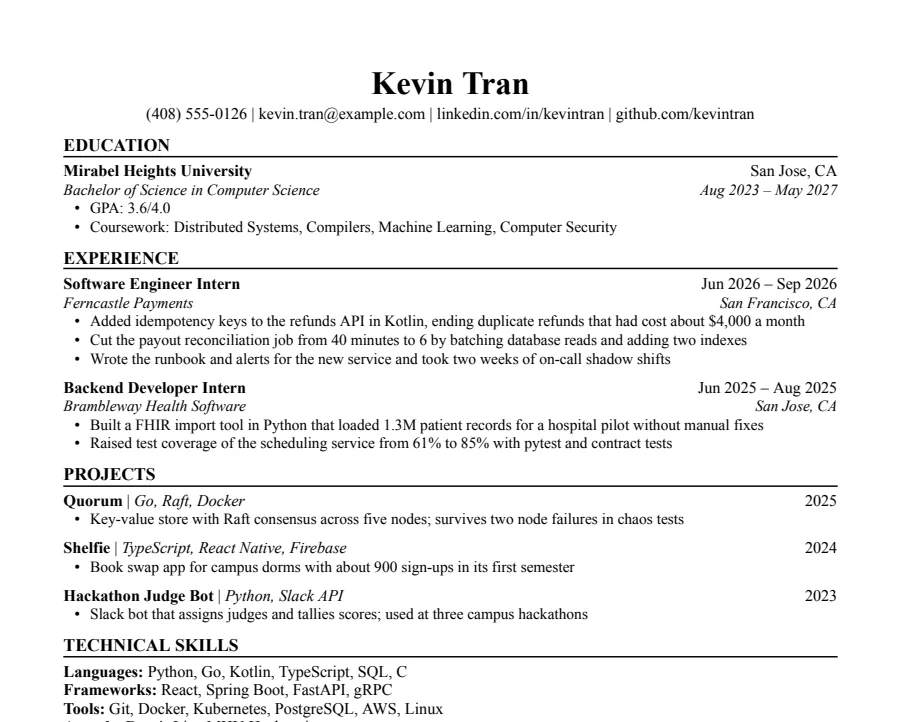 Computer Science resume example, top of the page