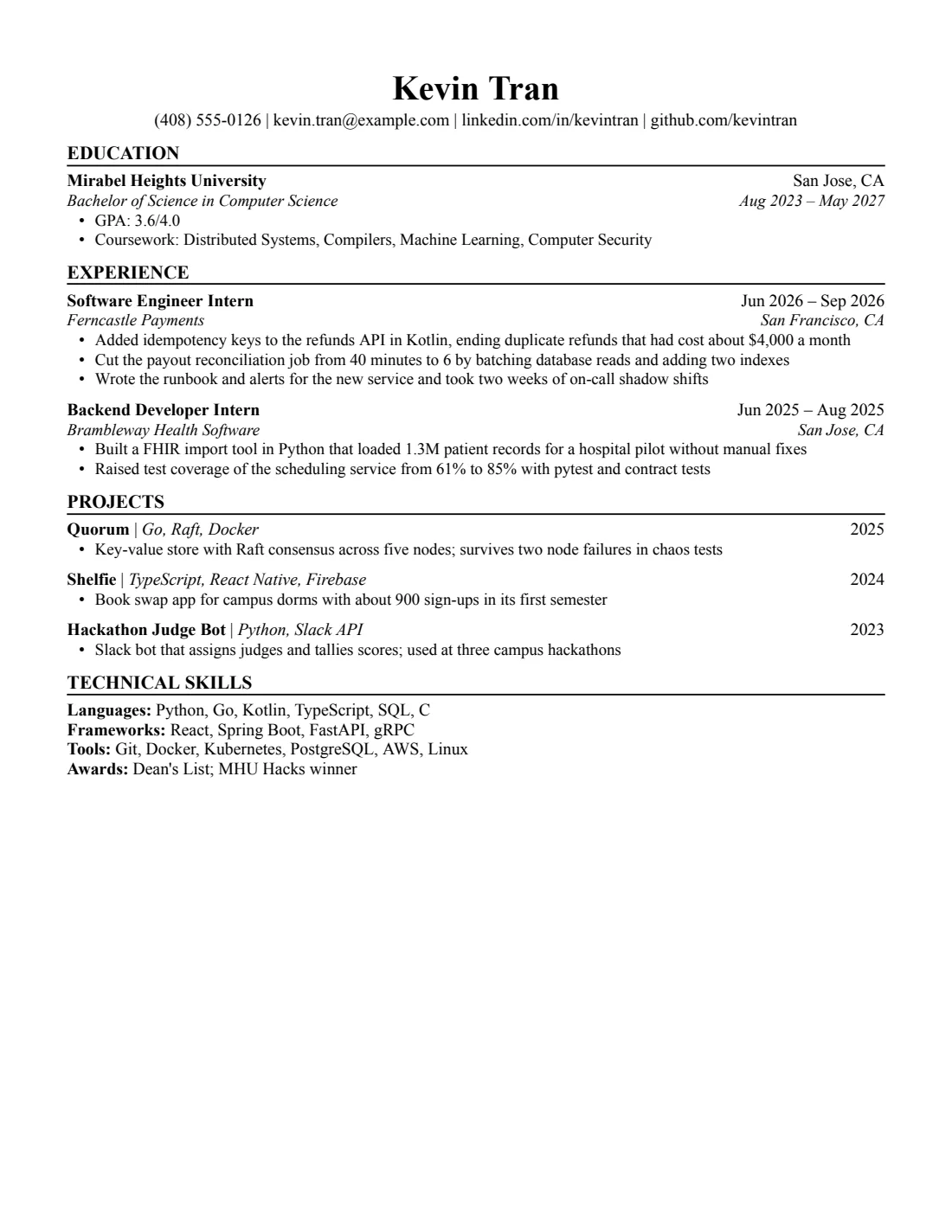 Computer Science resume example in the Jake's layout, US Letter