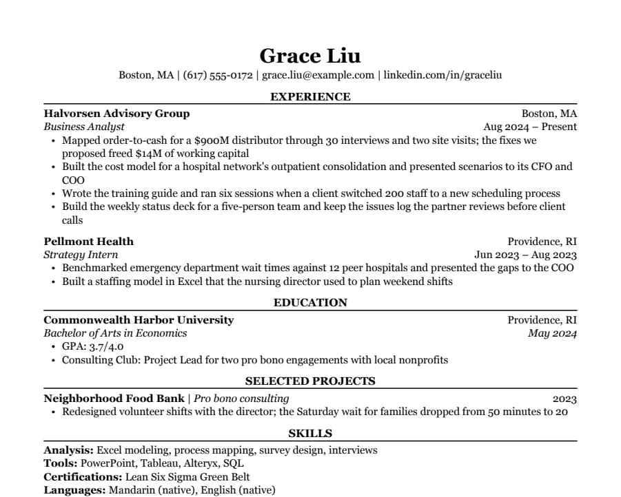 Consulting resume example, top of the page