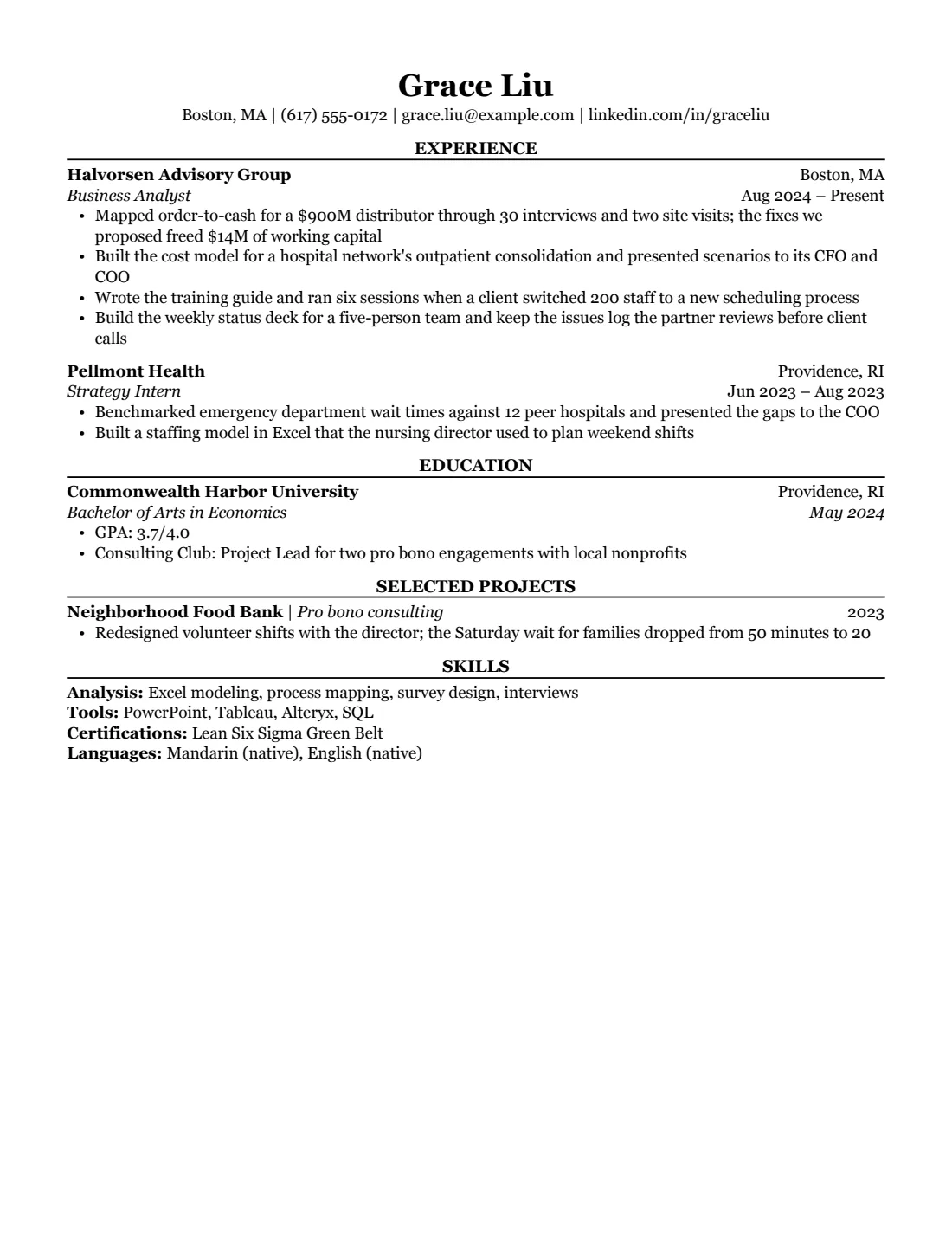 Consulting resume example in the Classic layout, US Letter