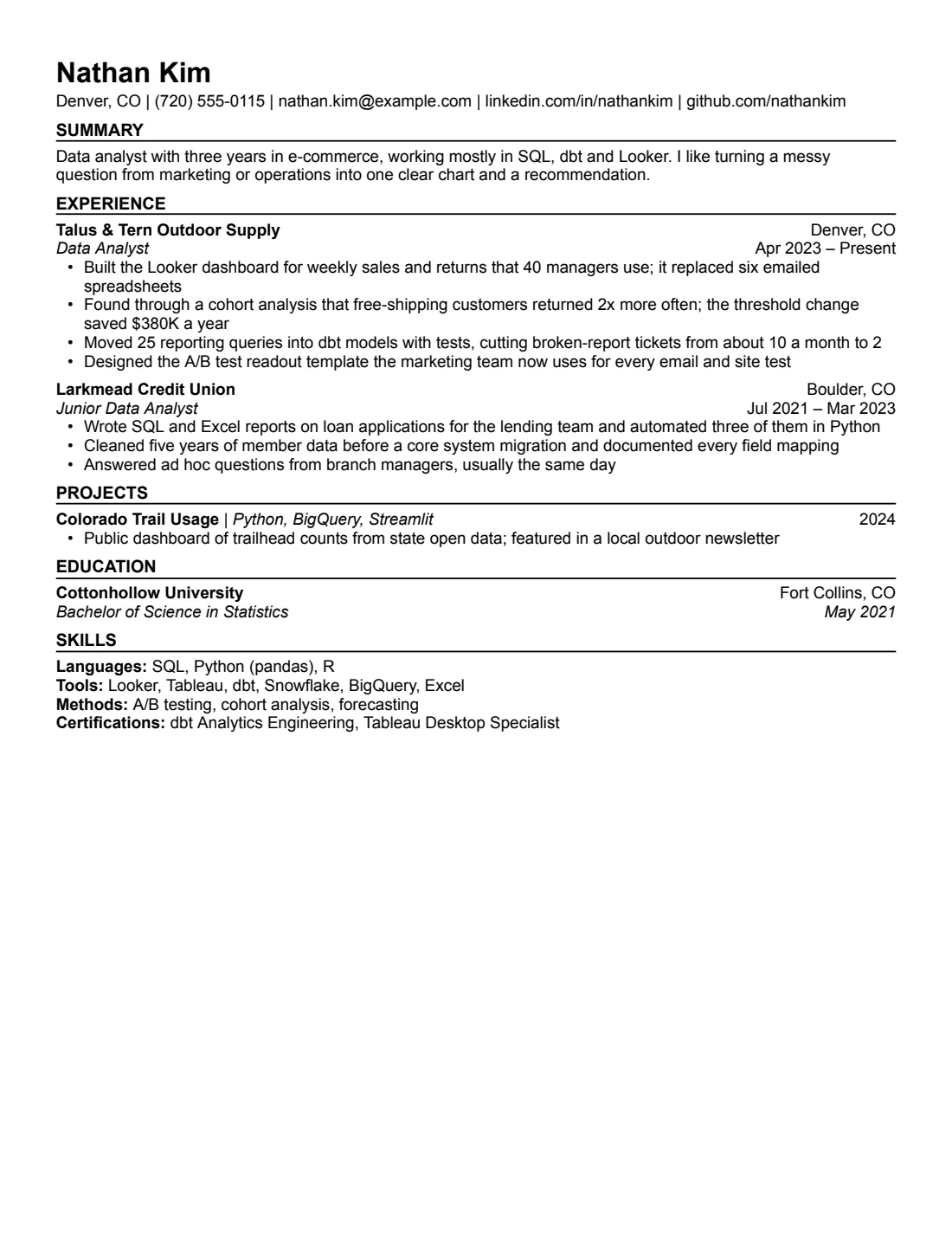 Data Analyst resume example in the Compact layout, US Letter