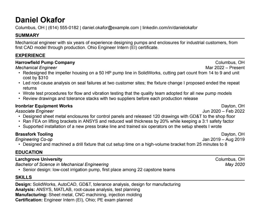 Engineering resume example, top of the page
