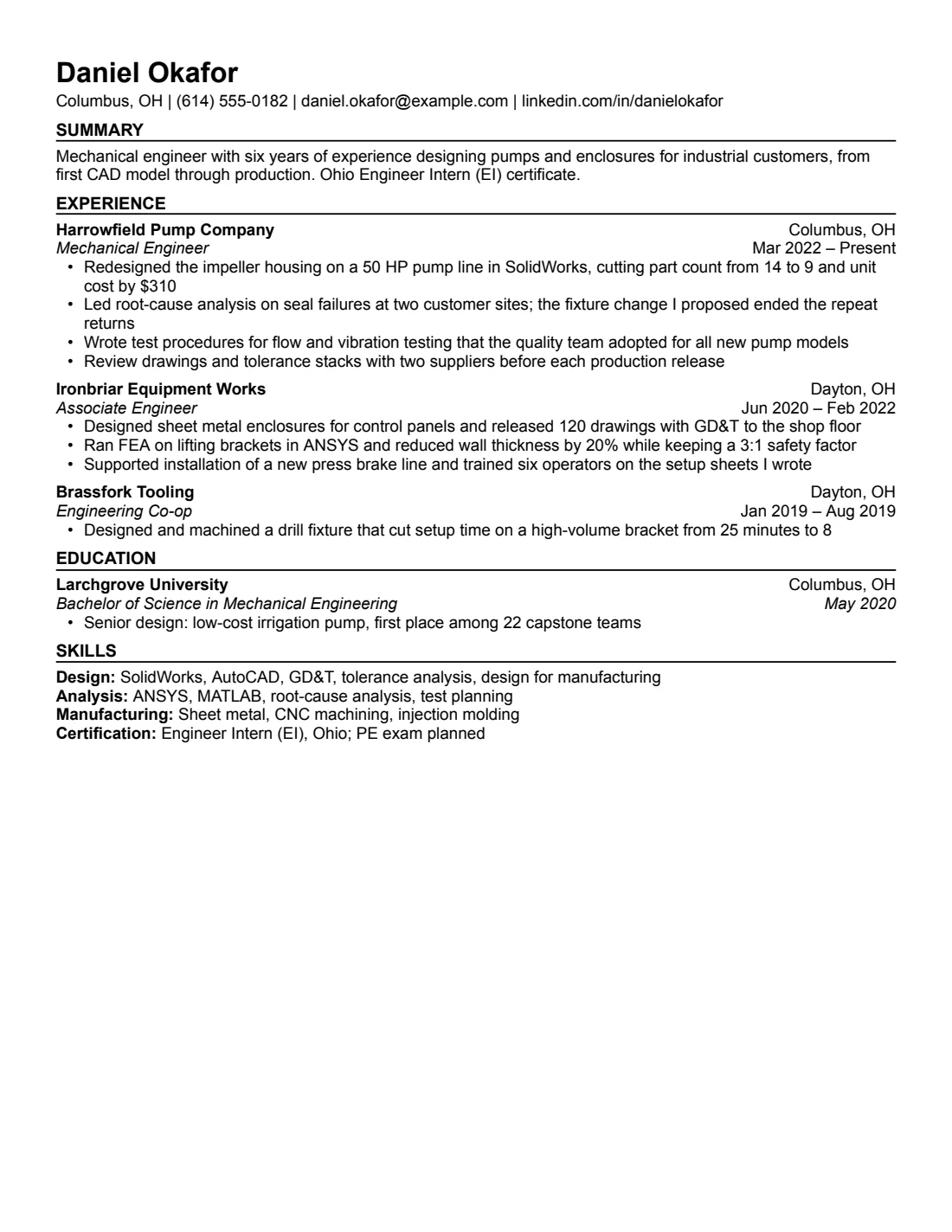 Engineering resume example in the Compact layout, US Letter