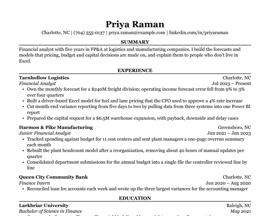 Finance resume example, top of the page