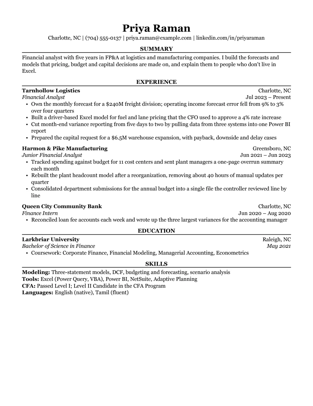 Finance resume example in the Classic layout, US Letter