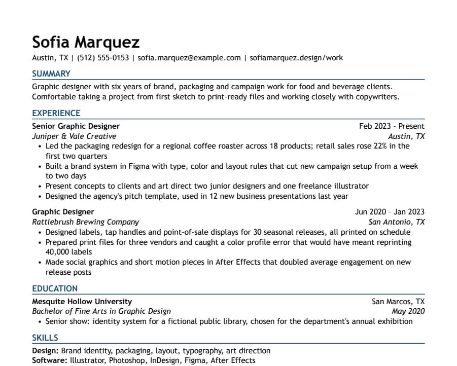 Graphic Designer resume example, top of the page