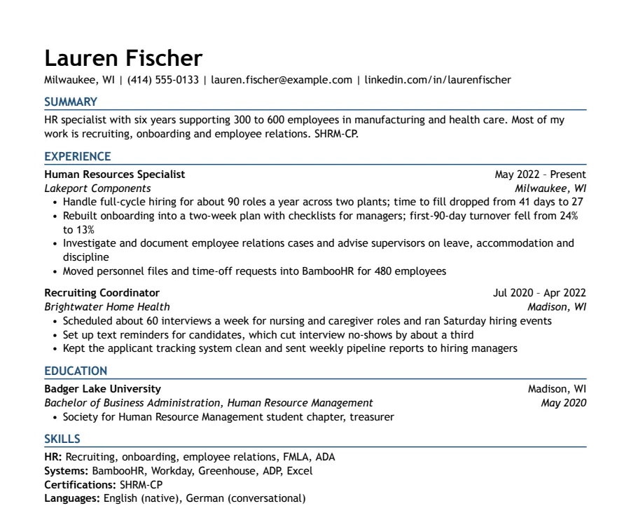 HR resume example, top of the page