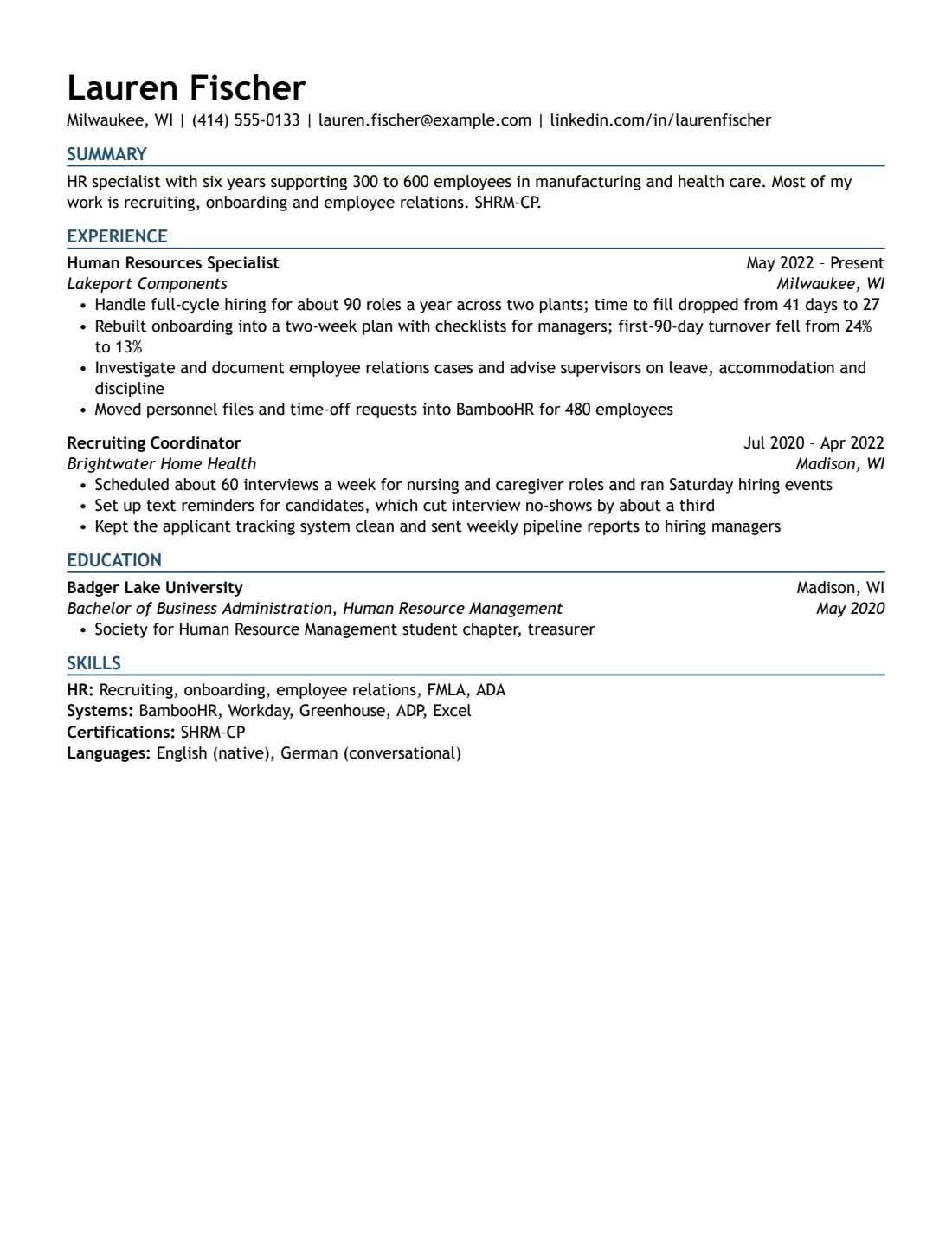 HR resume example in the Modern Accent layout, US Letter