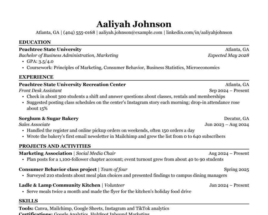 Internship resume example, top of the page