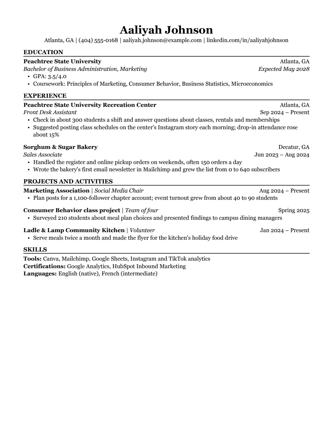 Internship resume example in the Student layout, US Letter