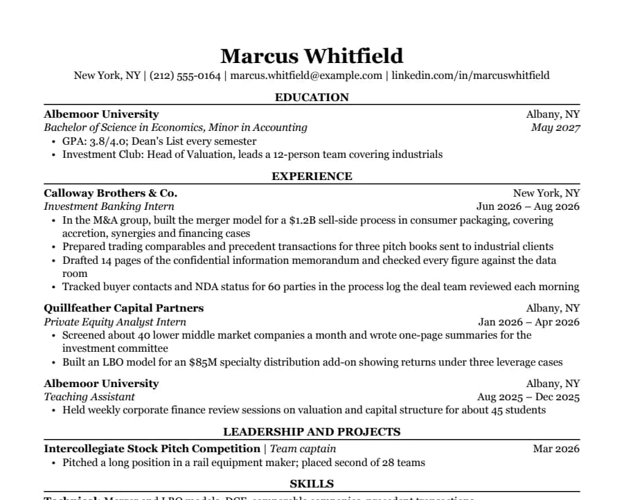 Investment Banking resume example, top of the page
