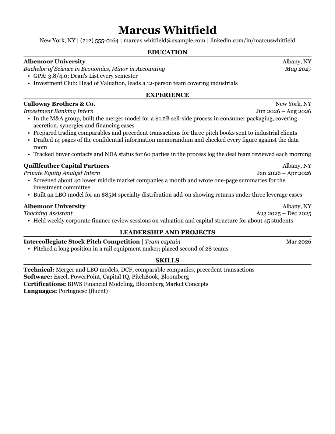 Investment Banking resume example in the Classic layout, US Letter