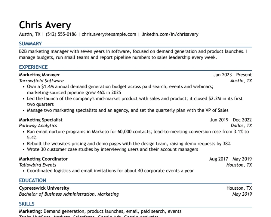 Marketing resume example, top of the page