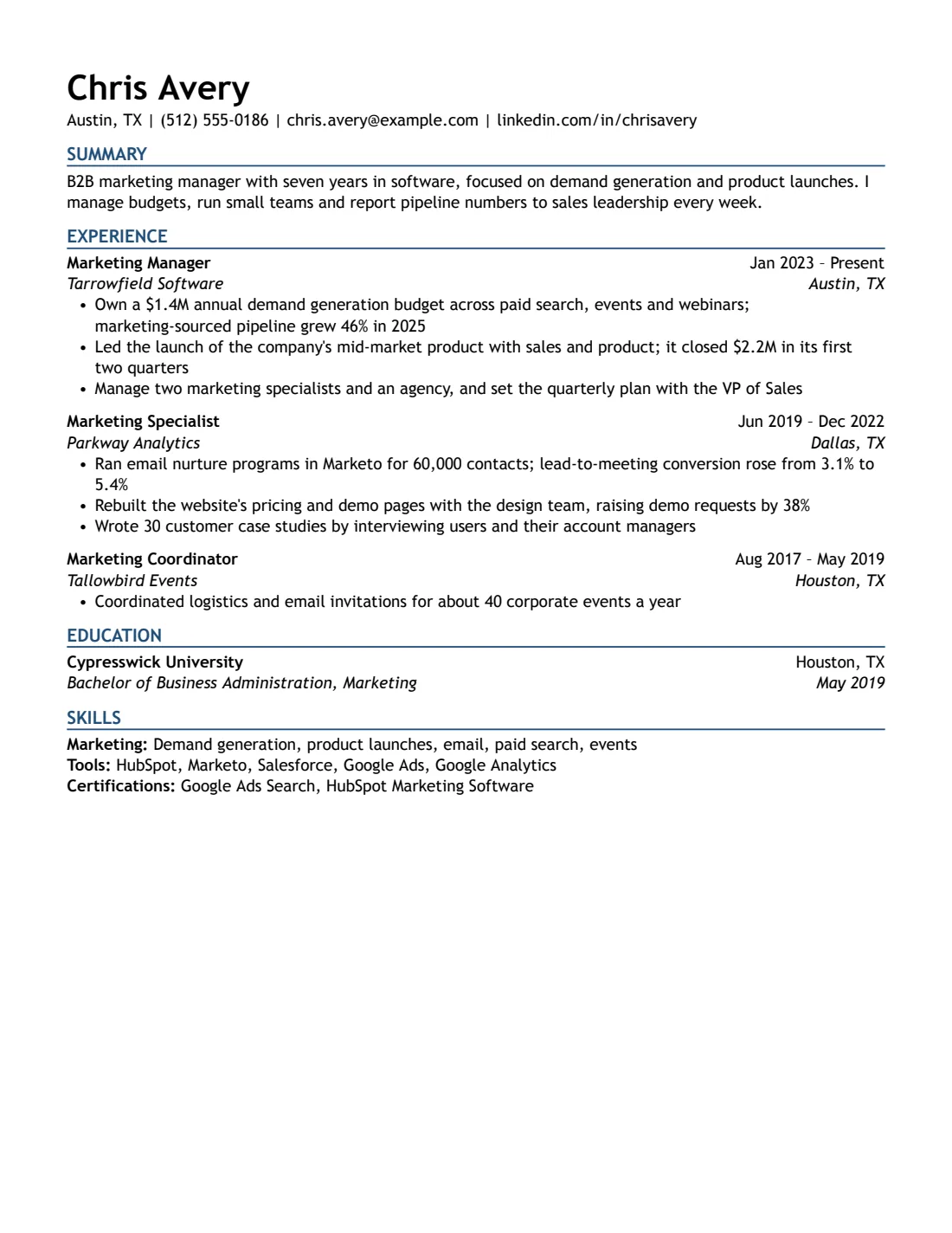 Marketing resume example in the Modern Accent layout, US Letter
