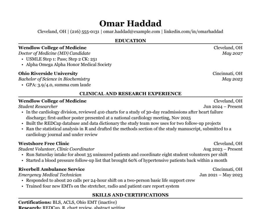Medical resume example, top of the page