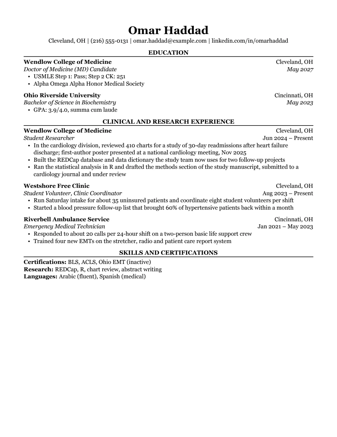 Medical resume example in the Classic layout, US Letter
