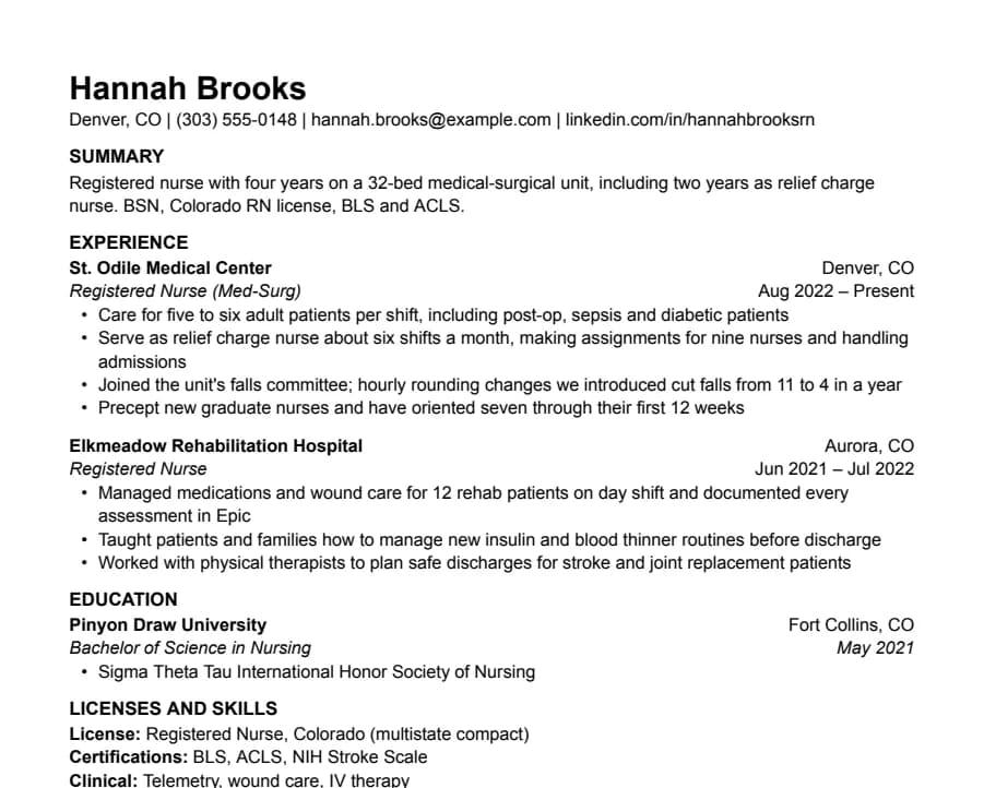 Nursing resume example, top of the page
