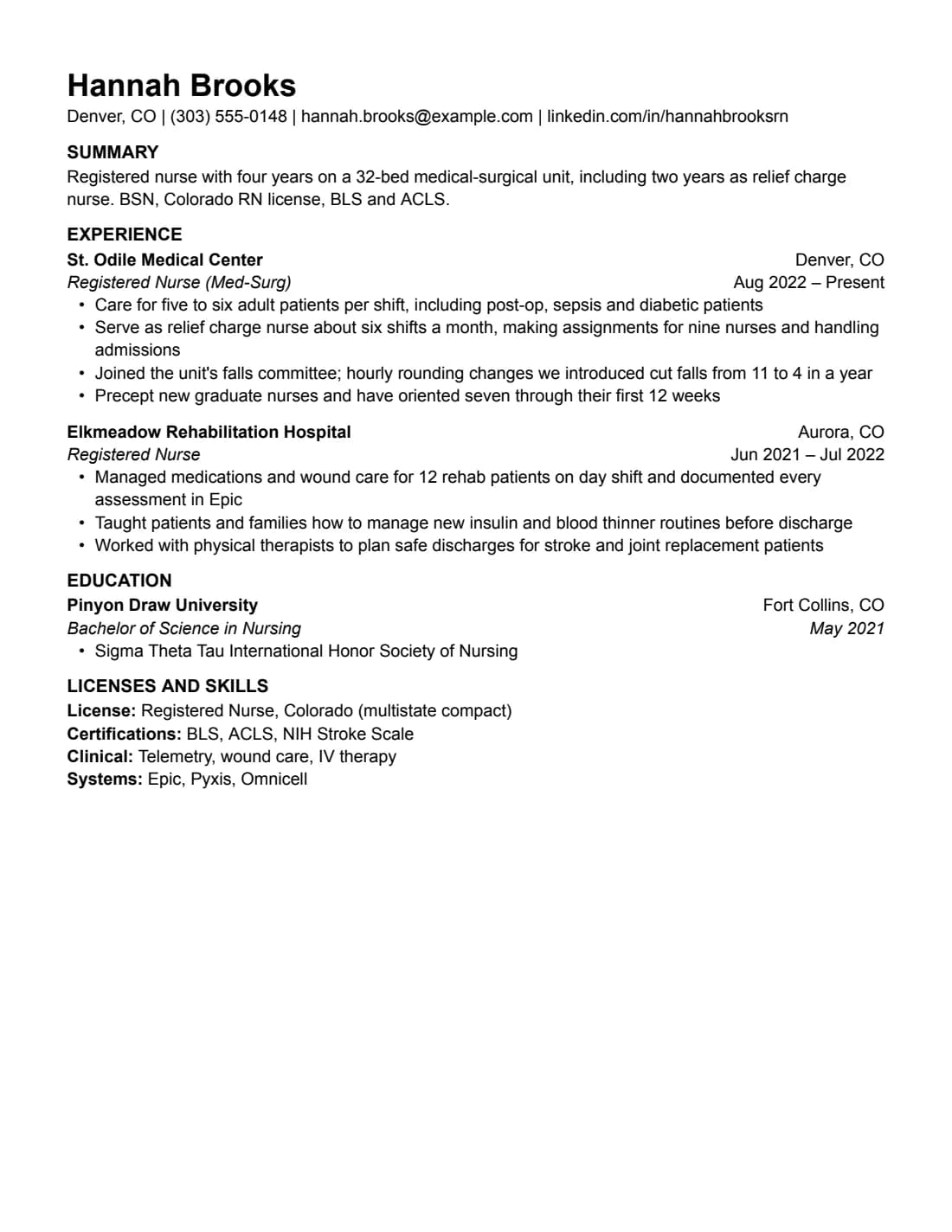 Nursing resume example in the Plain layout, US Letter