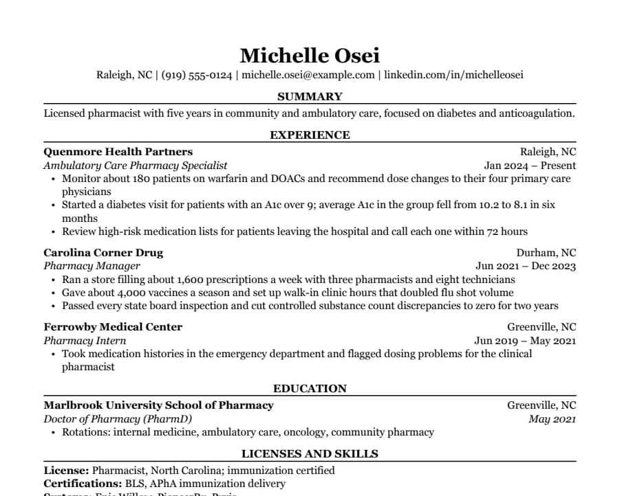 Pharmacist resume example, top of the page