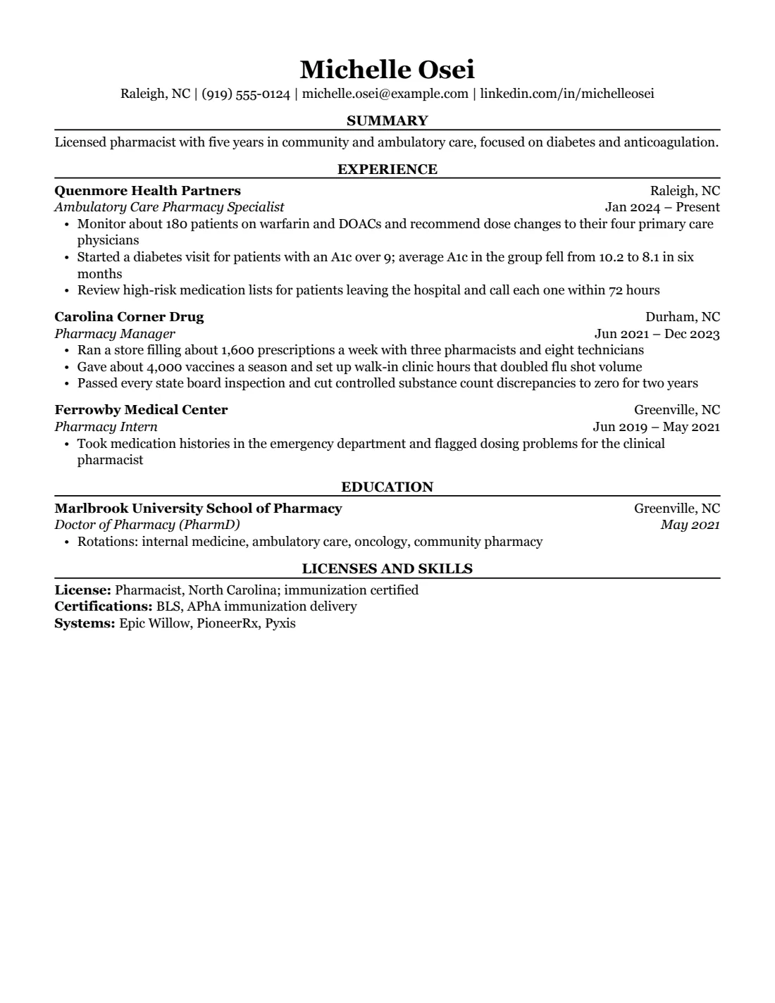 Pharmacist resume example in the Classic layout, US Letter