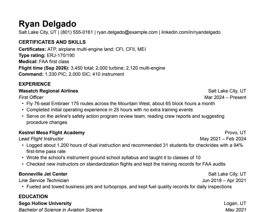 Pilot resume example, top of the page