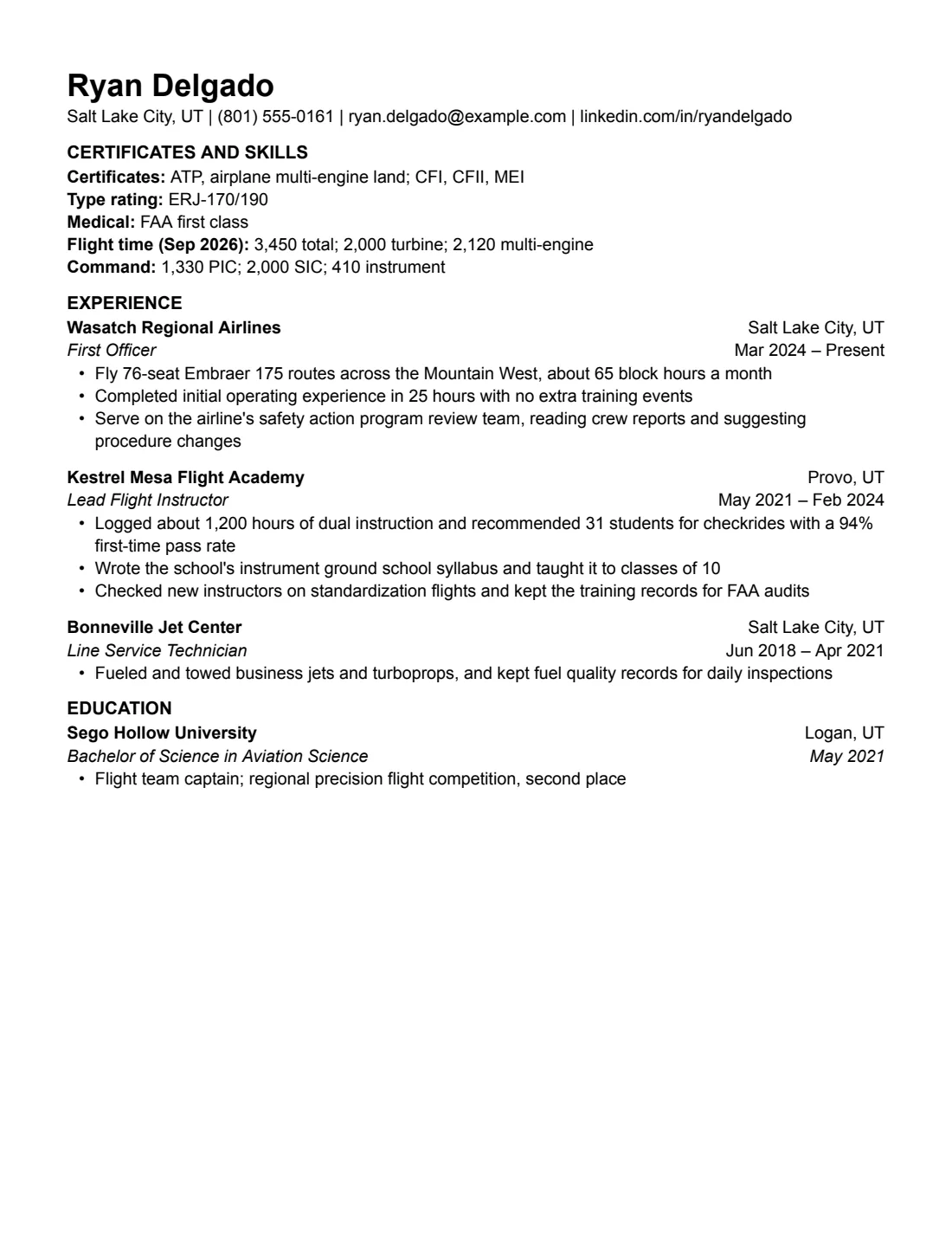 Pilot resume example in the Plain layout, US Letter