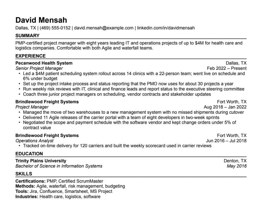Project Manager resume example, top of the page