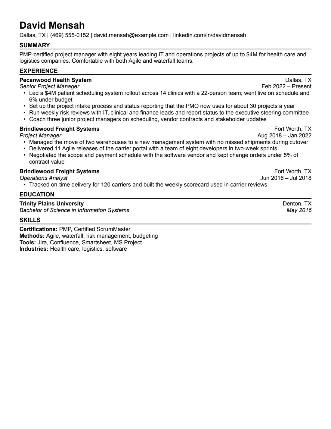 Project Manager resume example in the Compact layout, US Letter
