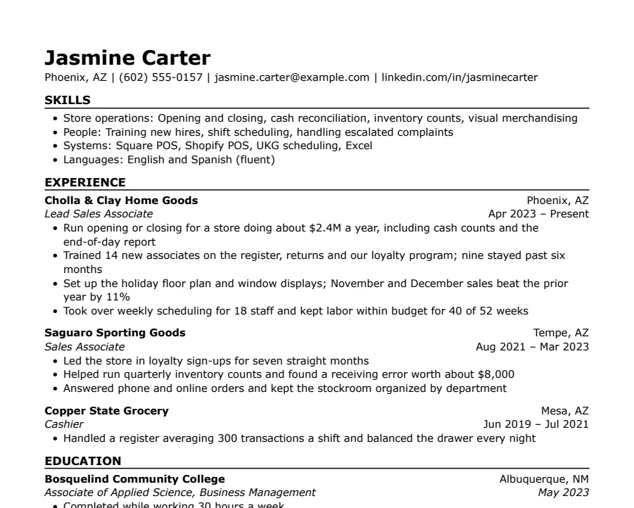 Retail resume example, top of the page