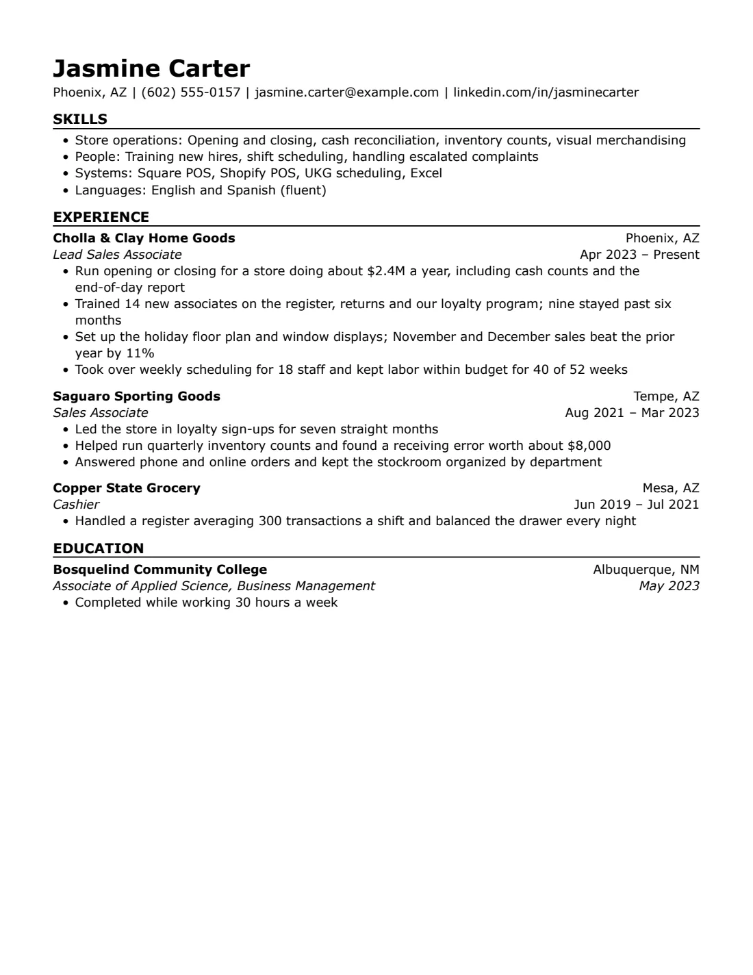 Retail resume example in the Skills-first layout, US Letter