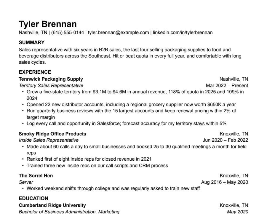 Sales resume example, top of the page