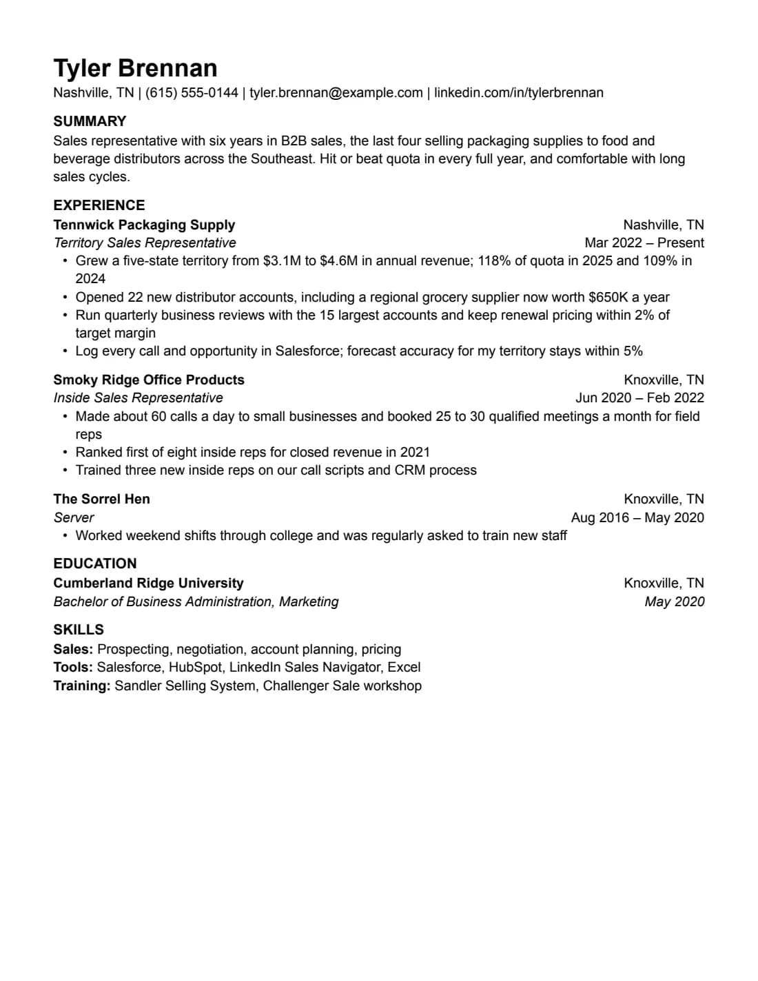 Sales resume example in the Plain layout, US Letter