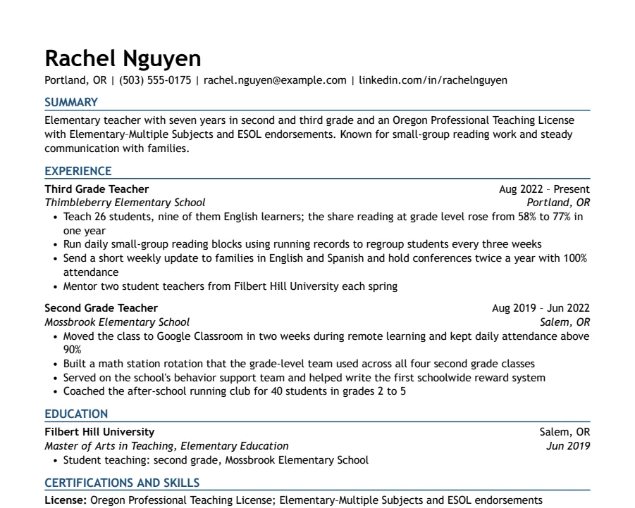 Teacher resume example, top of the page