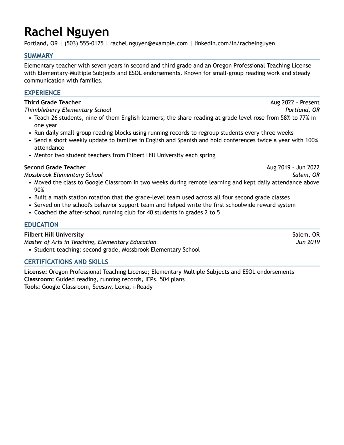 Teacher resume example in the Modern Accent layout, US Letter