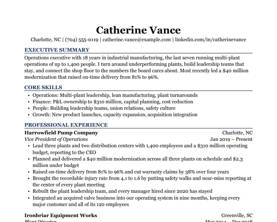 Executive resume template, top of the page