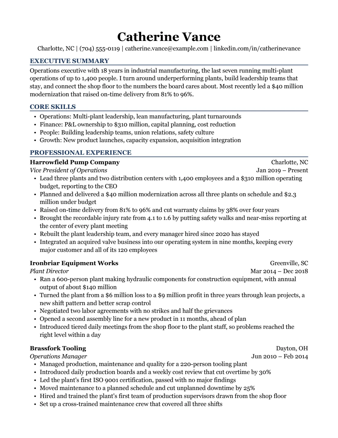 Executive resume template, US Letter, filled with sample content